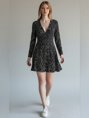 Equipment Black Floral Long-Sleeve V-Neck Mini Dress Silk Size 12